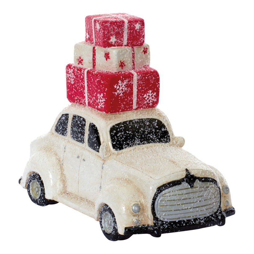 Car with gift boxes, 40x24x34cm, polyresin, slightly snow covered