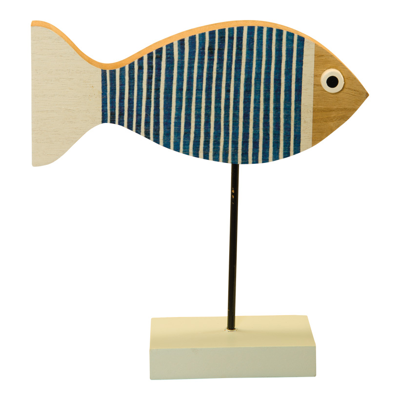 Fisch auf Ständer, 22x20cm Maße Fisch: 20x8,5x2cm, Maße Holzfuß: 10x6x2cm aus Holz/Metall, doppelseitig