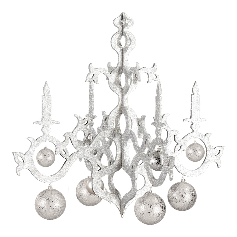 Chandelier with balls, 53cm, 4 arms, with glitter, wood/plastic