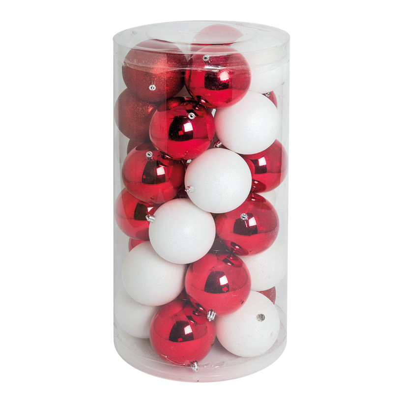 30 Boules de Noël, Ø 10cm en plastique, sous blister, 12x brillant rouge, 12x mat blanc, 6x scintillant rouge