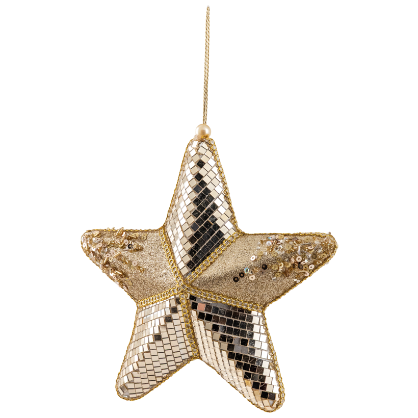 Star, with hanger, 22x4cm out of styrofoam and plastic, decorated with mirror tiles, glittered