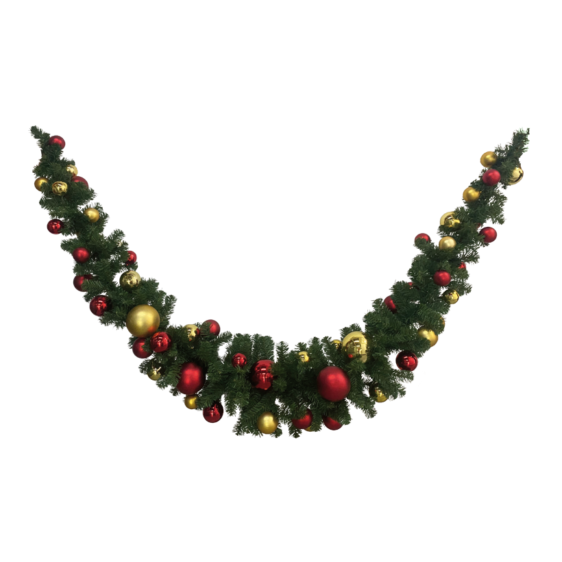 Fir swag, 180x40cm 24x⌀ 6cm, 32x⌀ 8cm, 7x⌀ 12cm 200 tips, total 45 balls: 10x⌀ 4cm, 14x⌀ 5cm, 7x⌀ 6cm, 2x⌀ 7cm, 7x⌀ 8cm, 5x⌀ 10cm matt/shiny