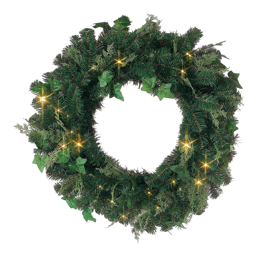 Fir wreath, Ø 70cm, PVC/textile, with ivy+cypress, warm white light, for outdoor use