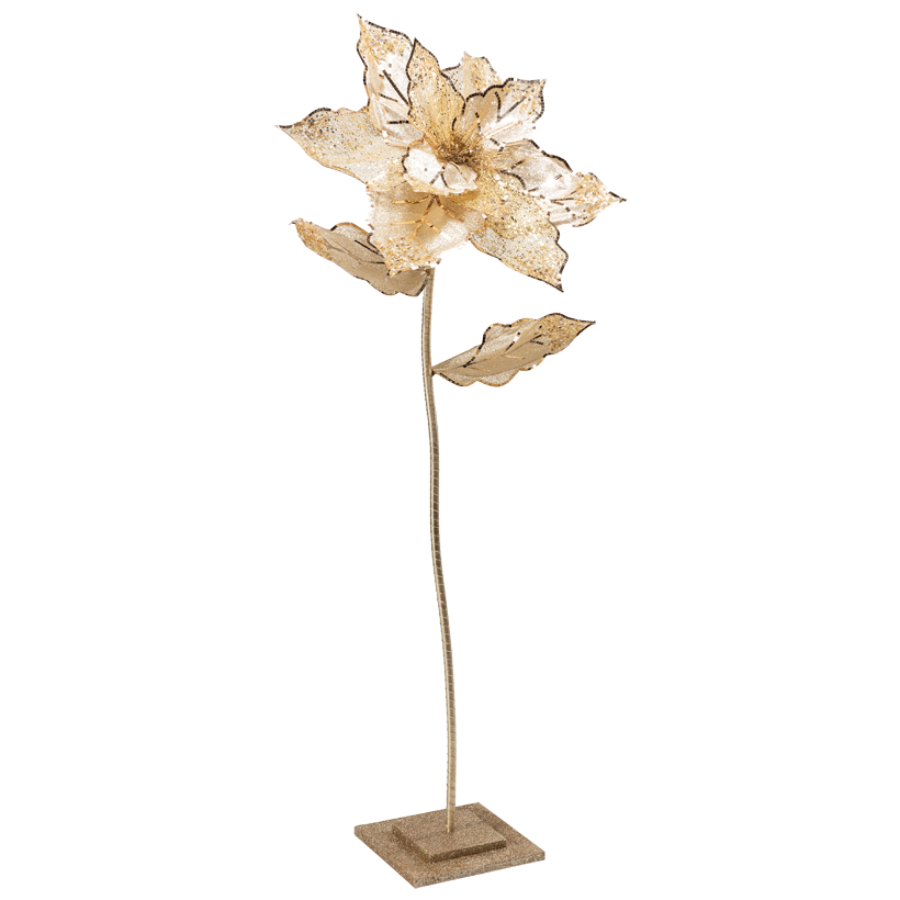 Poinsettia on wooden base, 140cm, Blüte 53x55cm, Fuß 25x25x3,5cm, Stiel mit 2 Blättern 117x50cm, Ø 2cm 3-part, out of plastic, with glitter and sequins