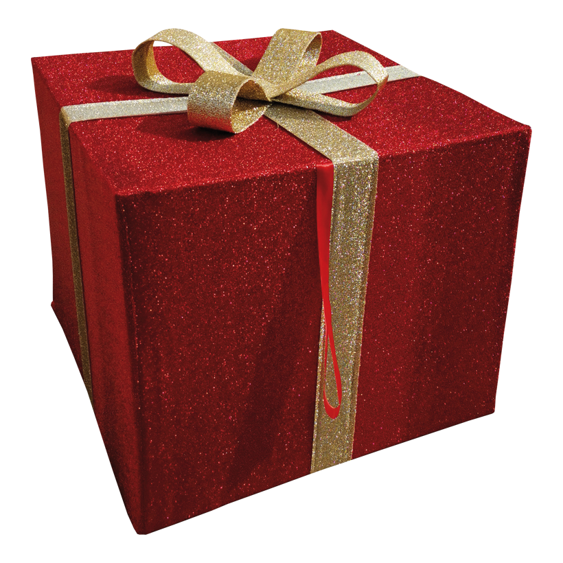 Geschenkbox, 100x100x84cm aus Aluminium/Polyester, faltbar, beglittert, mit Hänger