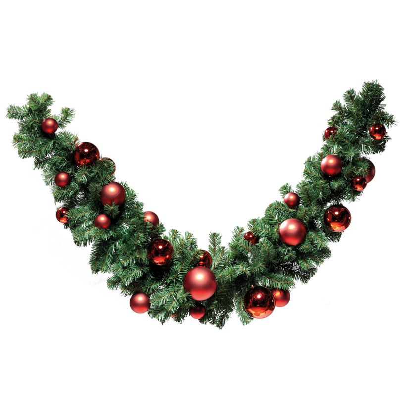 Noble fir swag, "Deluxe", double-sided, 180cm, Ø 35cm 2x Ø 12cm, 6x Ø 10cm, 8x Ø 8cm und 12x Ø 6cm with 28 balls in shiny and matt, out of PVC and plastic, with 180 tips, flame retardant according to EN71-2