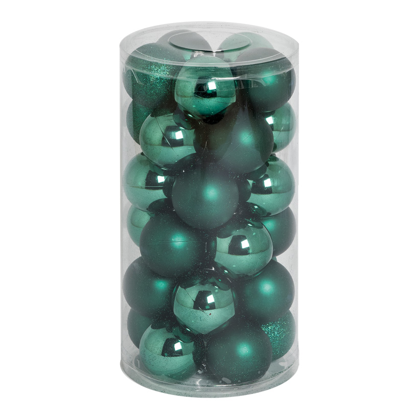 30 Boules de Noël, vert foncé, Ø 6cm en plastique, sous blister, 12x brillant, 12x mat, 6x scintillant