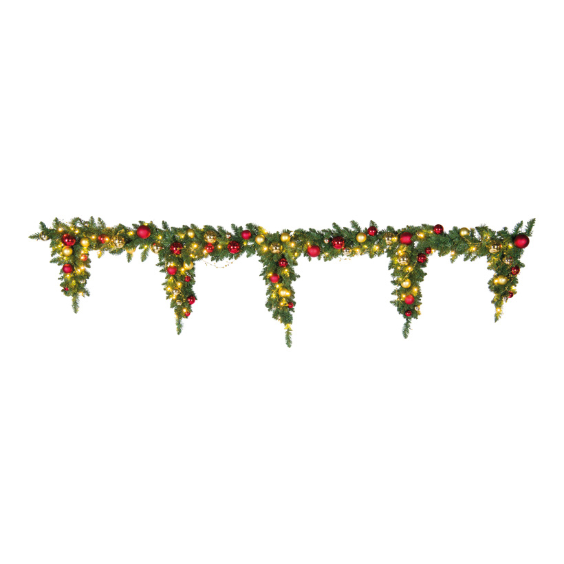 Noble fir frieze, 270cm Ø 25cm, Zapfenlänge: 50/60/70/60/50cm 60 balls, out of plastic, 100 LEDs, gold star wire