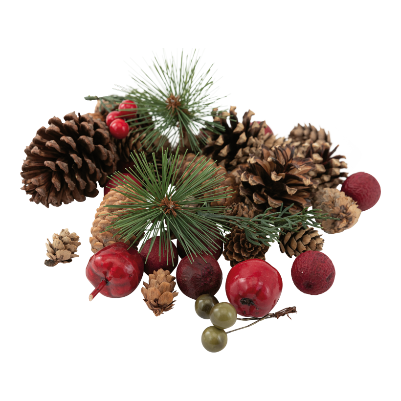 Scatter decoration, 160g out of plastic/ natural material, contents: pine cones, berries, apples