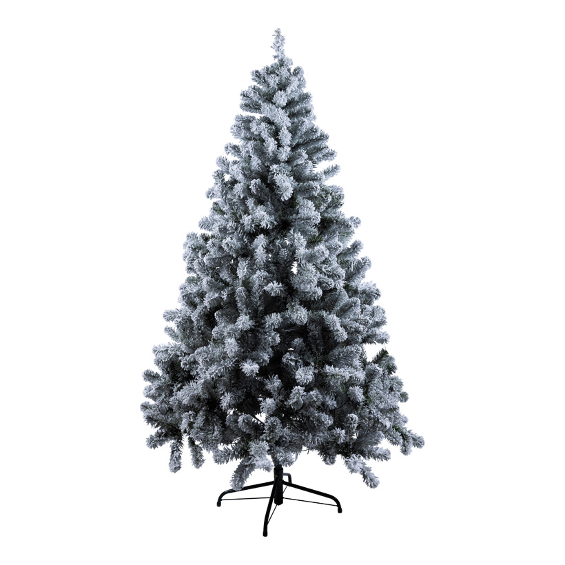 Noble fir, 240cm Ø 145cm with 650 warm white LEDs, 1.200 tips, out of plastic (PVC), snowed, with metal stand