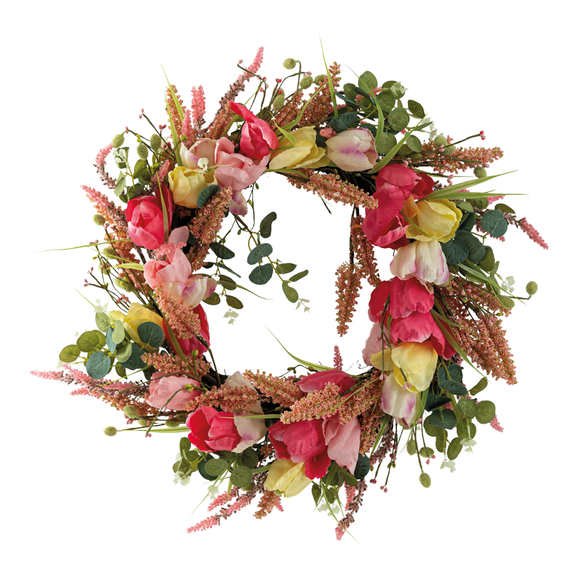 Blumenkranz, Ø 45cm innen Ø 35cm mit Tulpen und Eukalyptus, aus Kunststoff/Kunstseide/Holzzweigen, einseitig beschmückt
