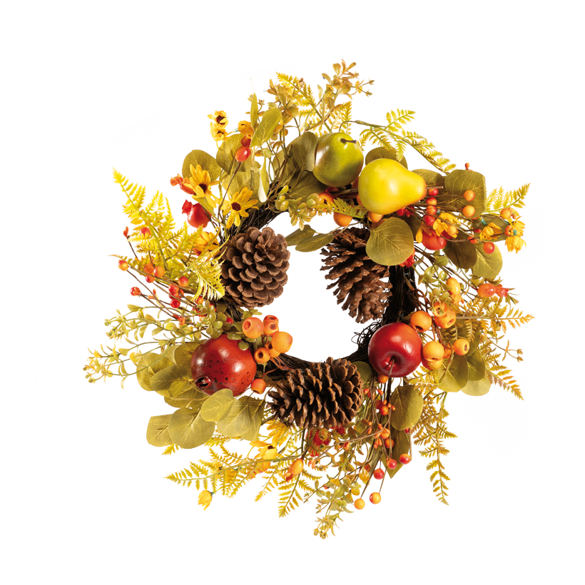 Herbstkranz, Ø 50cm innen Ø 25cm aus Kunststoff/Kunstseide/Holzzweigen, einseitg beschmückt