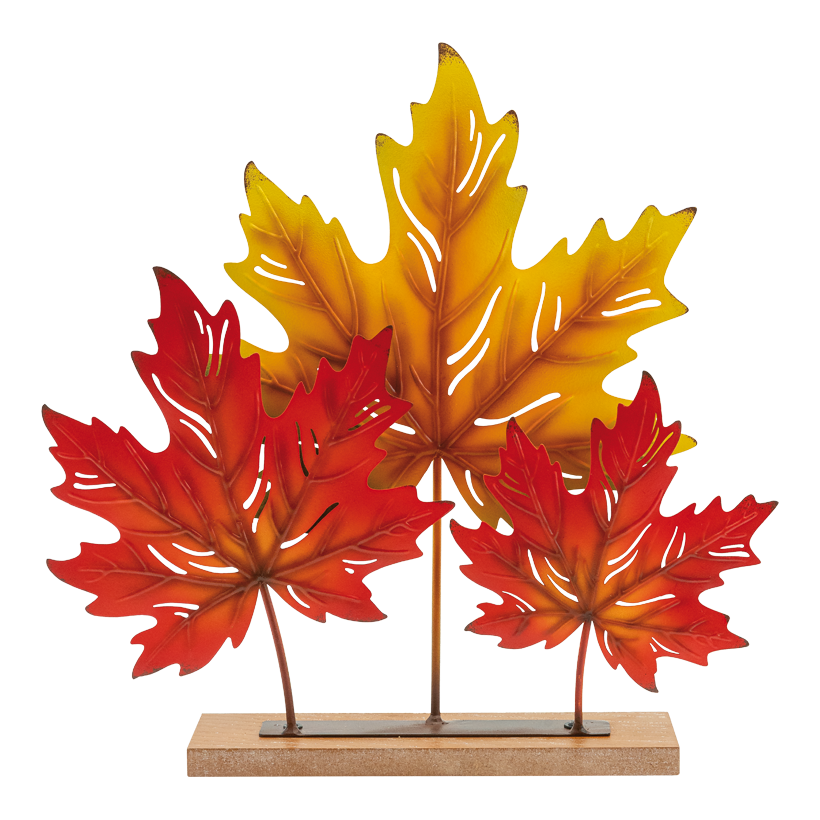 Ahornblätter auf Standfuß, 38x38x6,5cm, Standfuß: 25,5x6x1,5cm 1. 27cm, 2. 22cm, 3. 17cm aus Metall/MDF