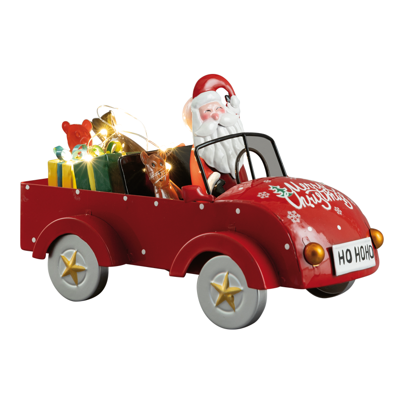 Santa Claus in cabriolet, 28x18x13cm out of sheet metal, battery-operated 2x AAA required