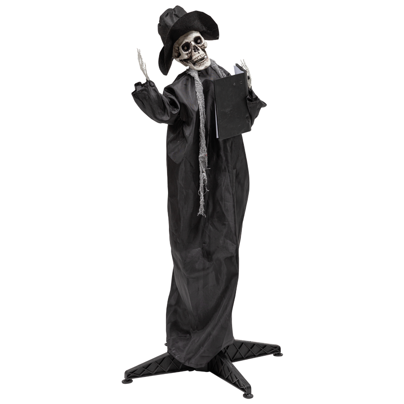 Scary figure ""reaper", with a book in hand, 100x30x25cm 3x AA batteries required, out of fabric and plastic, animated & sound effects, eyes blink red