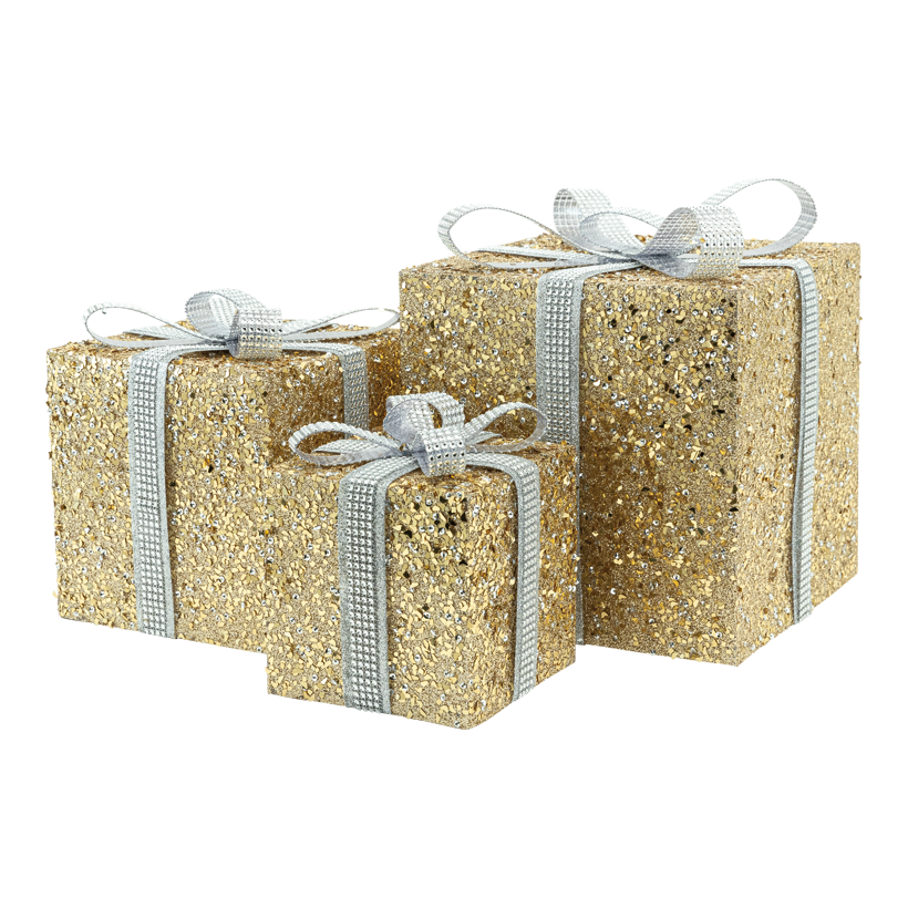 Geschenkboxen, 29x26x25cm, 24x20x20cm 19x15x15cm 3 Stk./Set, aus Kunststoff/Metall, beglittert, ineinander passend