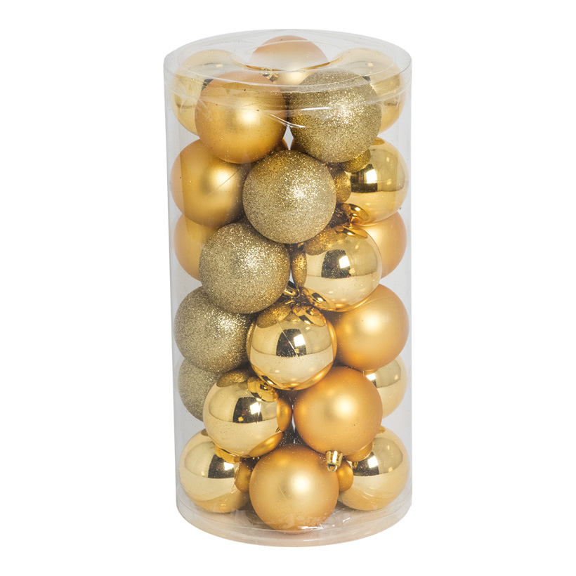 30 Boules de Noël, or Ø 6cm en plastique, sous blister, 12x brillant, 12x mat, 6x scintillant