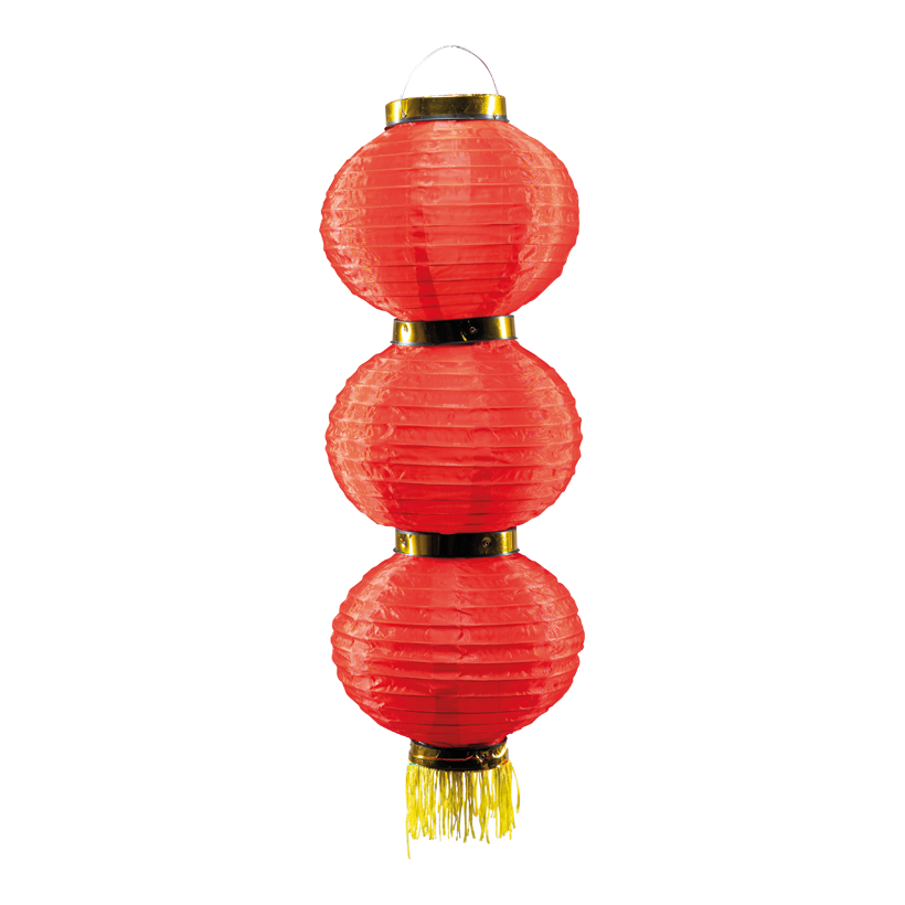 Chinese lantern, 65cm Ø 22cm 3-fold, out of artificial silk, with tassels, for hanging