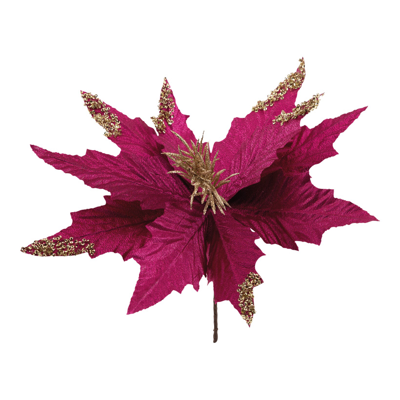 Poinsettiastecker, Ø 31cm Stiel: 14,5cm aus Kunststoff/Kunstseide, mit Glitter & Pailletten, biegsam