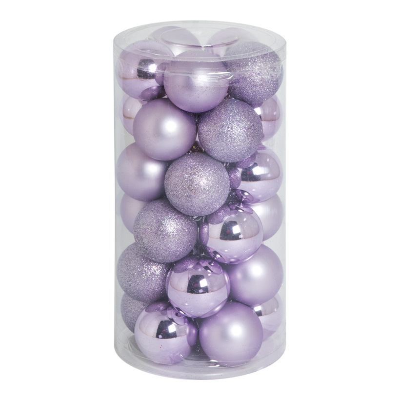 30 Boules de Noël, lila, Ø 6cm en plastique, sous blister, 12x brillant, 12x mat, 6x scintillant