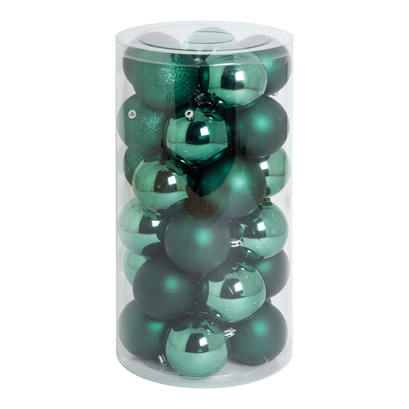 30 Boules de Noël, vert foncé, Ø 8cm en plastique, sous blister, 12x brillant, 12x mat, 6x scintillant