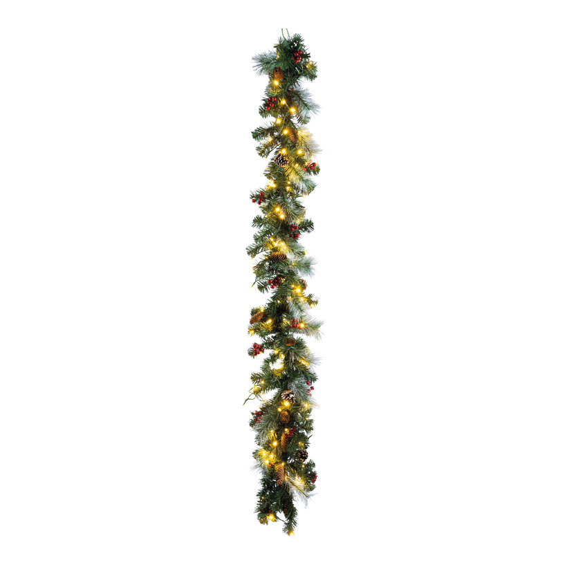 Fir garland, snowed, 180cm Ø 30cm out of plastic, with 100 warm white LEDs, one-sided decorated with cones and berries