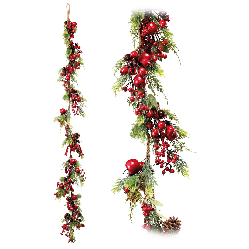 Fir garland, flexible, with hanger, 180cm out of plastic and styrofoam, with berries, real cones and apples