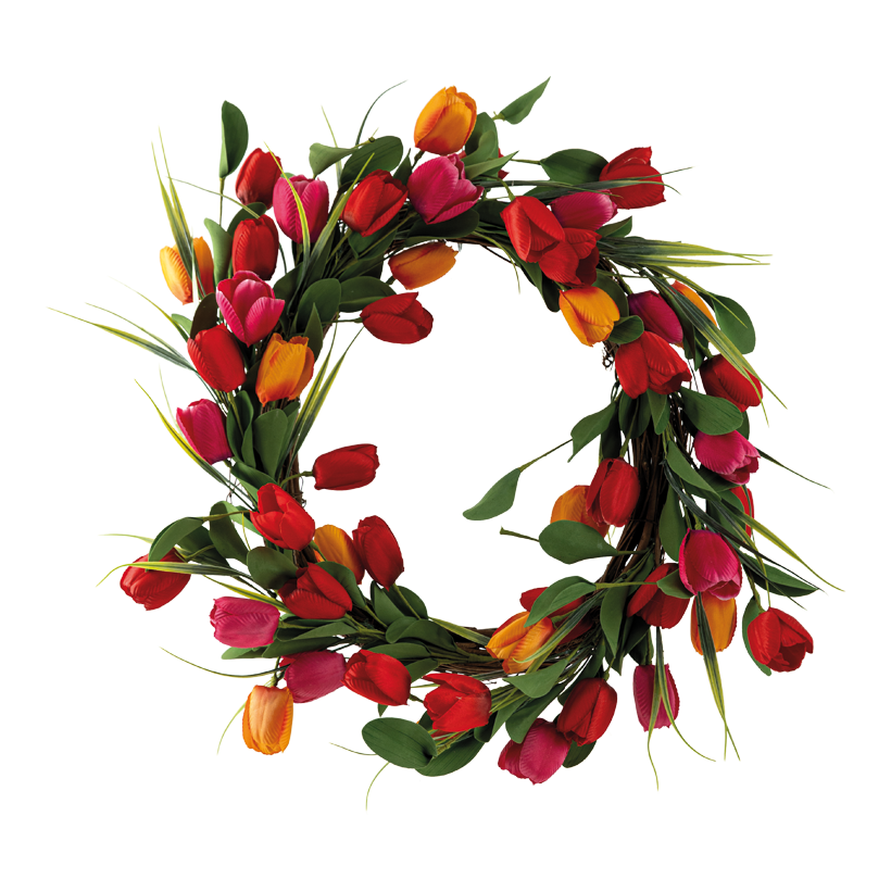 Couronne de tulipes,, Ø 50cm Ø innen 30cm en plastique/branches de bois/soie artificielle, décoré d'un côté