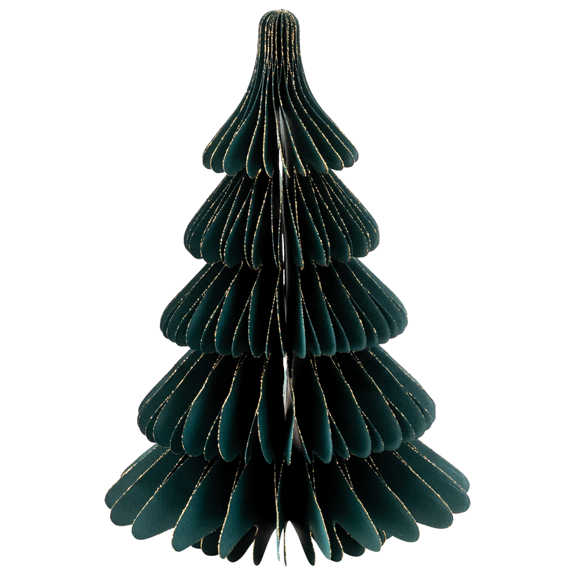 Christmas tree, foldable, 30cm Ø 20cm out of paper, freestanding, with golden glitter edges