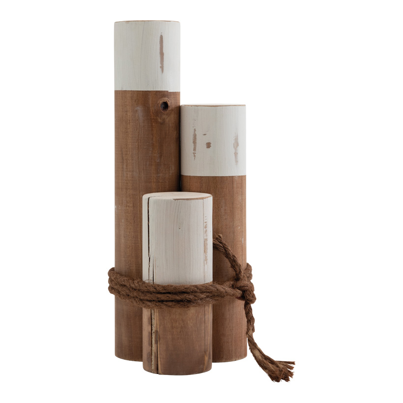Bollards in set, 20/30/40cm Ø 8cm, Gesamtmaß 40x16x16cm 3 pcs. out of fir wood, with rope, bound together