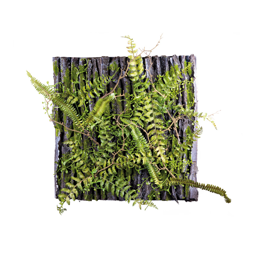 Fern plate, 50x50cm panel in bark finish, decorated with ferns