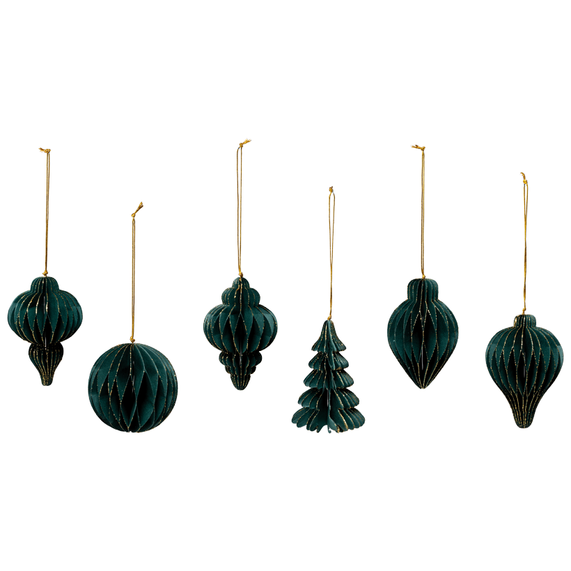 Christmas tree ornaments, 10cm 6 pcs./blister, out of paper, with golden glitter edges
