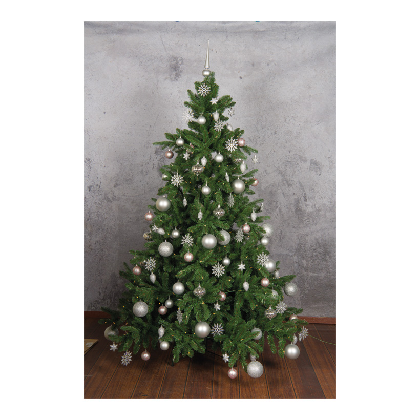 Edeltanne, PE/PVC-Mix, 210cm Ø ca. 155cm mit 1.252 Tips (1.117 PVC/135 PE), mit 400 warm weißen LEDs, 3-teilig+Metallständer, 195 Ornamente werden seperat mitgeliefert