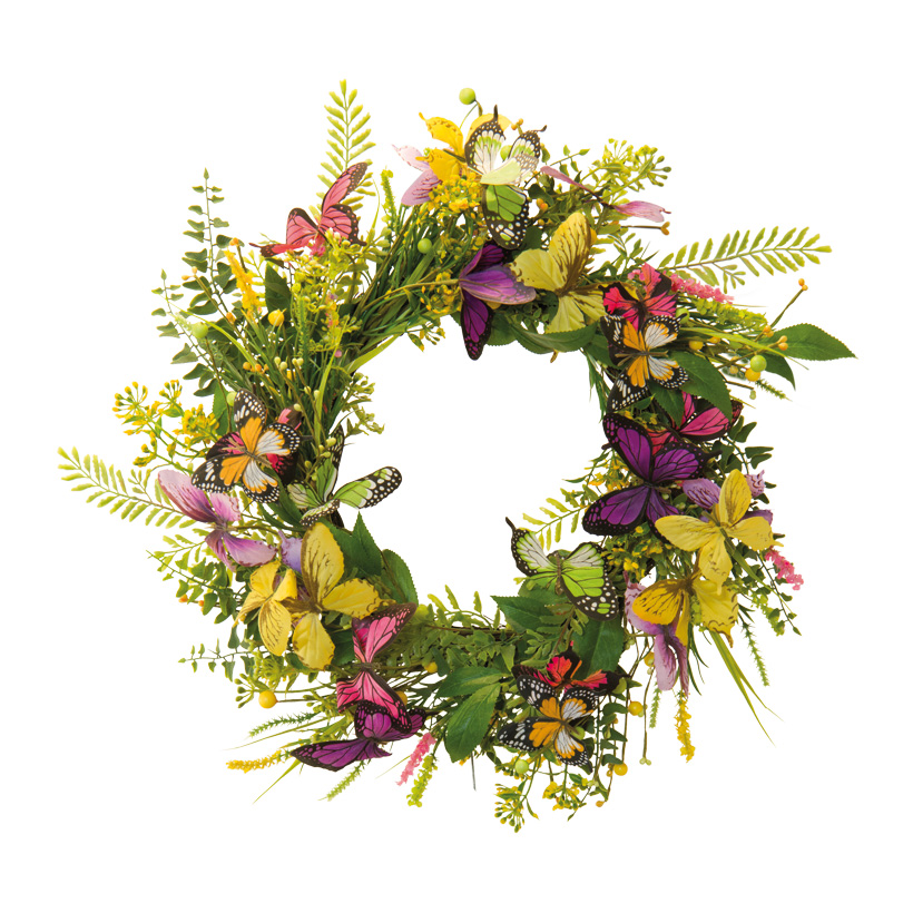 Couronne avec papillons et fleurs, Ø 53cm en branches de bois/soie artificielle,plastique, décorée unilatéral,Ø intérieur 29cm
