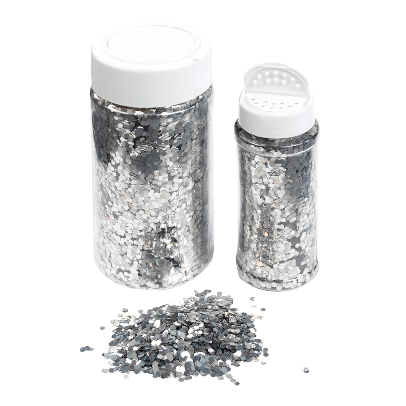 Coarse glitter in shaker can, 250g/can, plastic