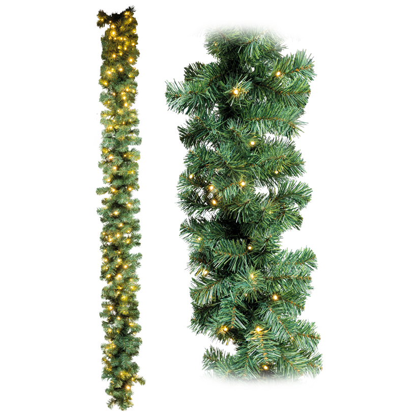 Fir garland, 270cm Ø 30cm 8x connectable, with 300 PVC tips and 120 warm white LEDs, with IP44 20W transformer for outdoor, EN71-2
