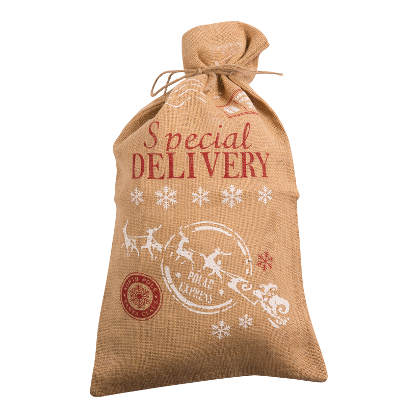 Jute-Geschenksack, 50x30cm Special Delivery, bedruckt, mit Schnur