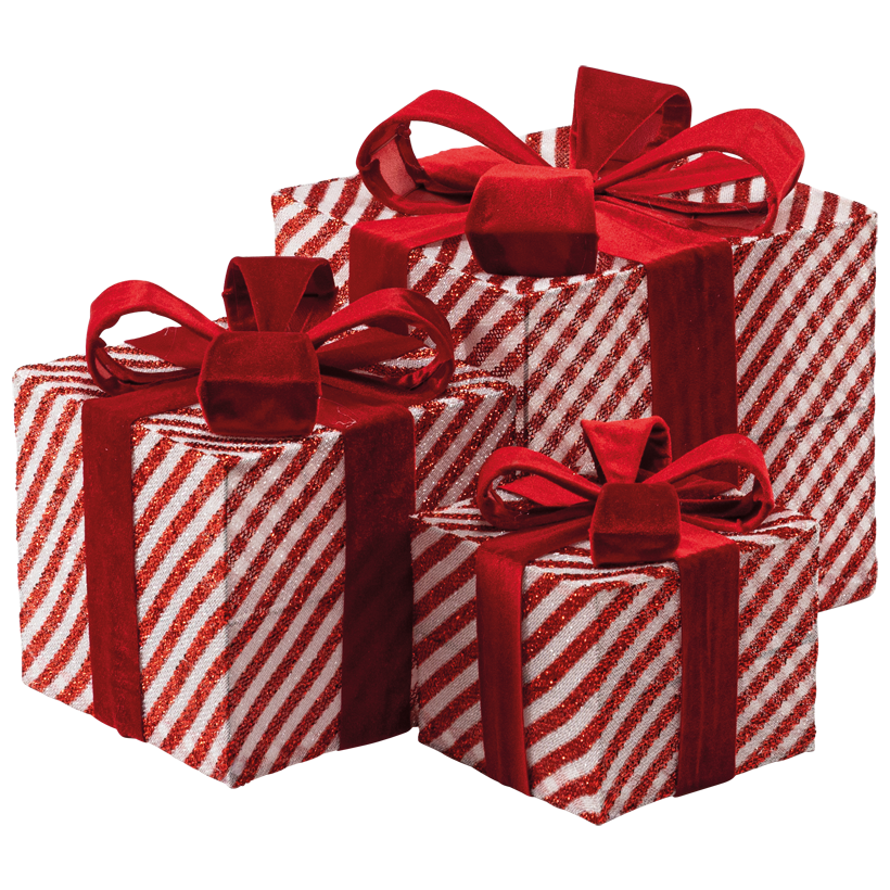 Gift boxes, 17x15x15cm, 25x20x20cm und 29x25x25cm 3 pcs./set, out of glitter fabric and metal, striped, nestable