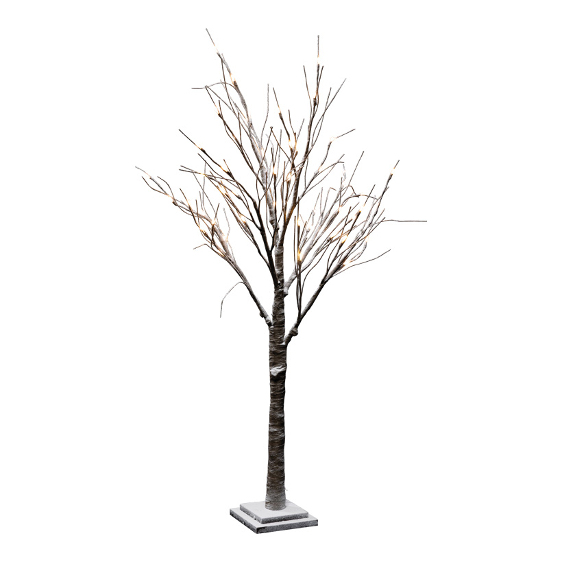 LED tree 120cm Holzfuß: 17x17x3cm with 120 LEDs, out of plastic, snow-covered, 5m supply cable, IP44 transformer