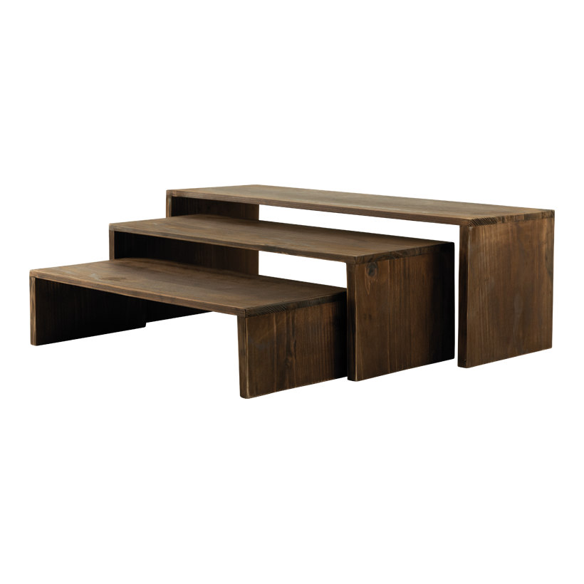 Holzpräsenter im 3-er Set, 1: 56x18x18cm, 2: 47x17,5x14,5cm, 3: 42x17,5x10cm