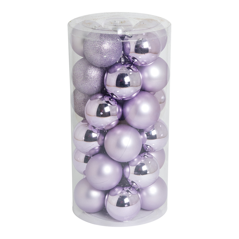 30 Boules de Noël, lila, Ø 8cm en plastique, sous blister, 12x brillant, 12x mat, 6x scintillant