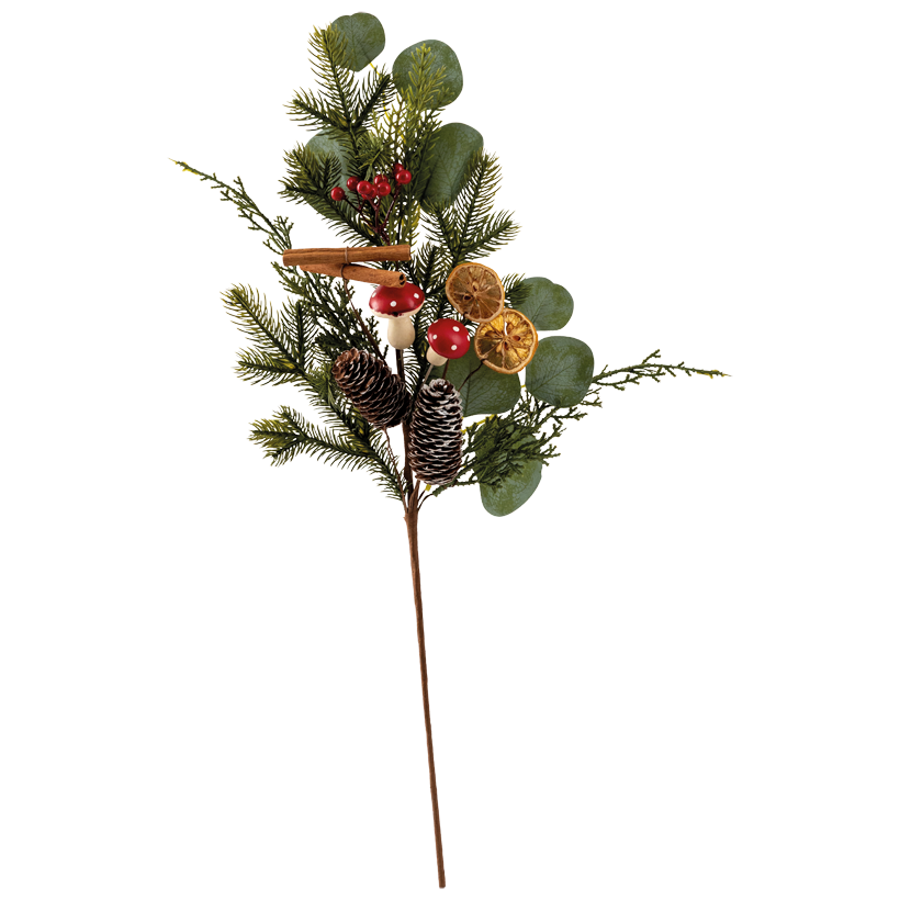 Fir twig, flexible, 60cm Stiel ca. 27cm out of plastic and styrofoam, with berries, cones, cinnamon sticks and mushrooms