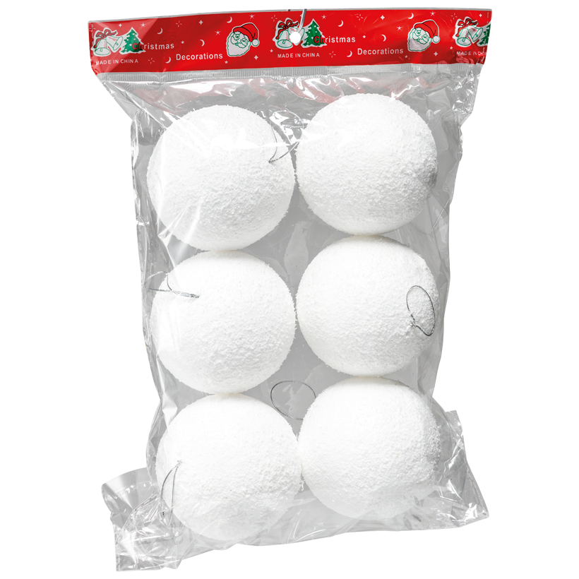 Snowballs, Ø 8cm 6 pcs./bag, out of styrofoam, flocked, with silver cord