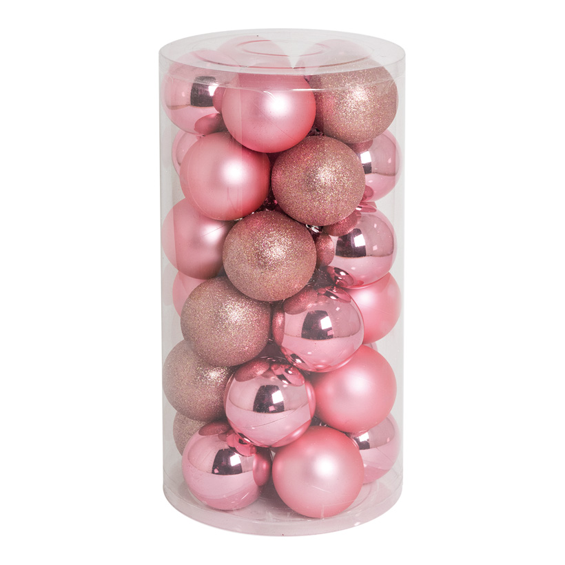 30 Boules de Noël, rose, Ø 8cm en plastique, sous blister, 12x brillant, 12x mat, 6x scintillant