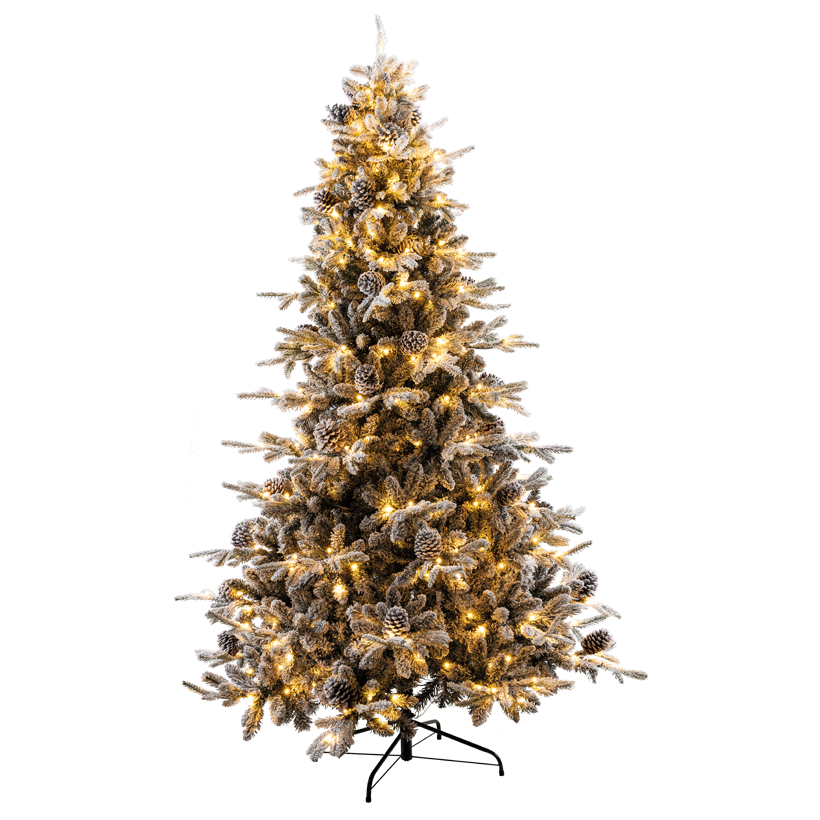 Noble fir, snowed, 3-part, 240cm Ø 150cm electrical connection by inserting the rods, 11% PE and 89% PVC tips, with 500 LEDs and 2.230 tips, EN71-2