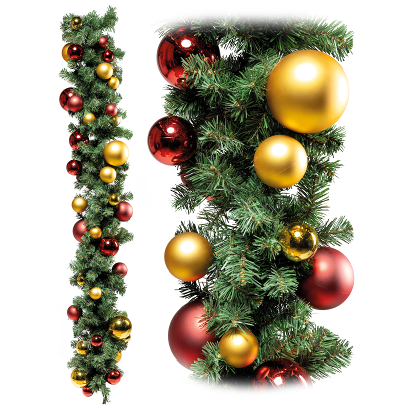 Noble fir garland, "Deluxe", double-sided, 180cm, Ø 30cm 4x Ø 12cm, 6x Ø 10cm, 12x Ø 8cm und  24x Ø 6cm with 46 balls in shiny and matt, out of PVC and plastic, with 180 tips, flame retardant according to EN71-2
