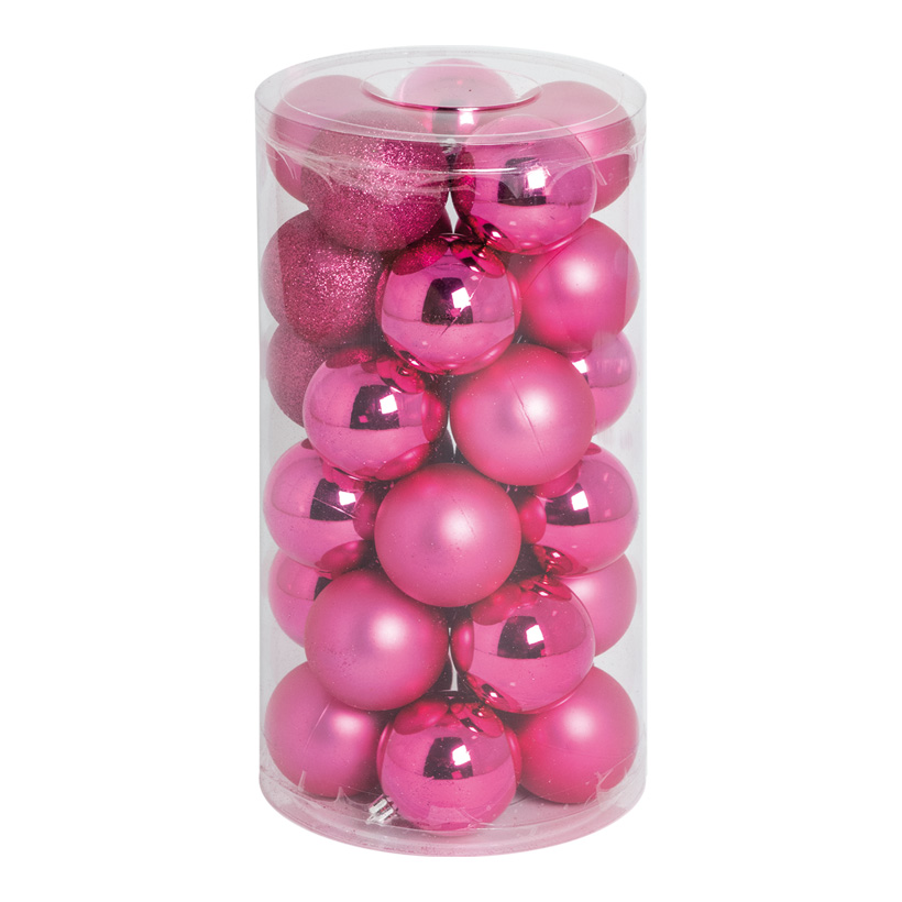 30 Boules de Noël, cerise, Ø 6cm en plastique, sous blister, 12x brillant, 12x mat, 6x scintillant