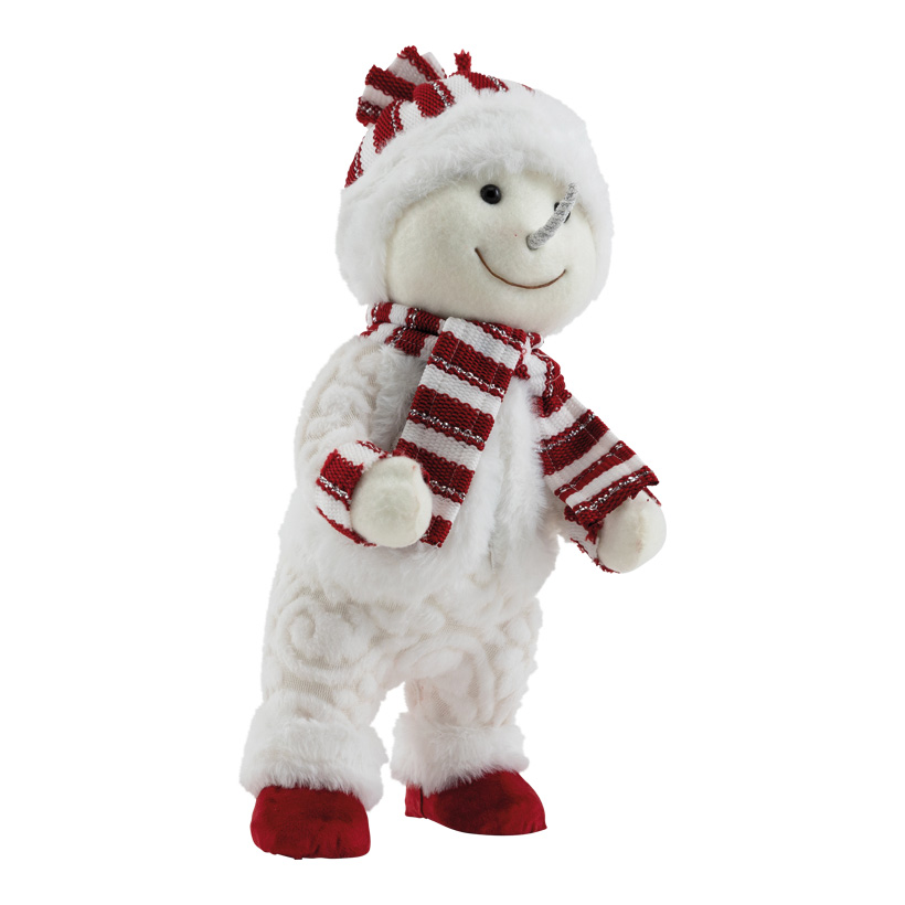 Bonhomme de neige , 38x18cm en polystyrène/tissu, debout, avec écharpe, bonnet