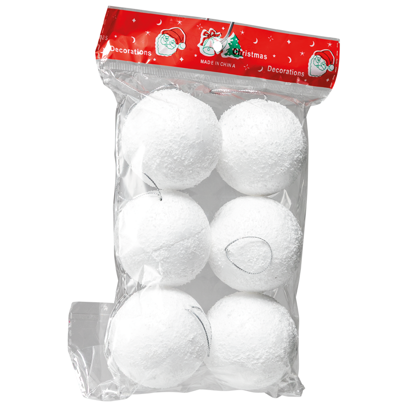 Snowballs, Ø 6cm 6 pcs./bag, out of styrofoam, flocked, with silver cord