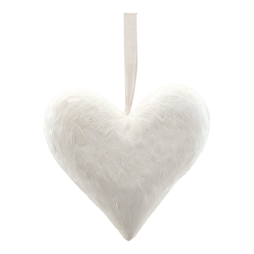 Coeur avec cintre, H: 32cm recouvert de plumes, en mousse dure